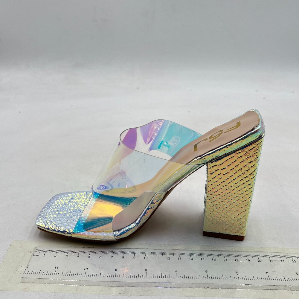 FSJ Silver Graceful Transparent Open Toe Special Chunky High Heel Slip On Mules